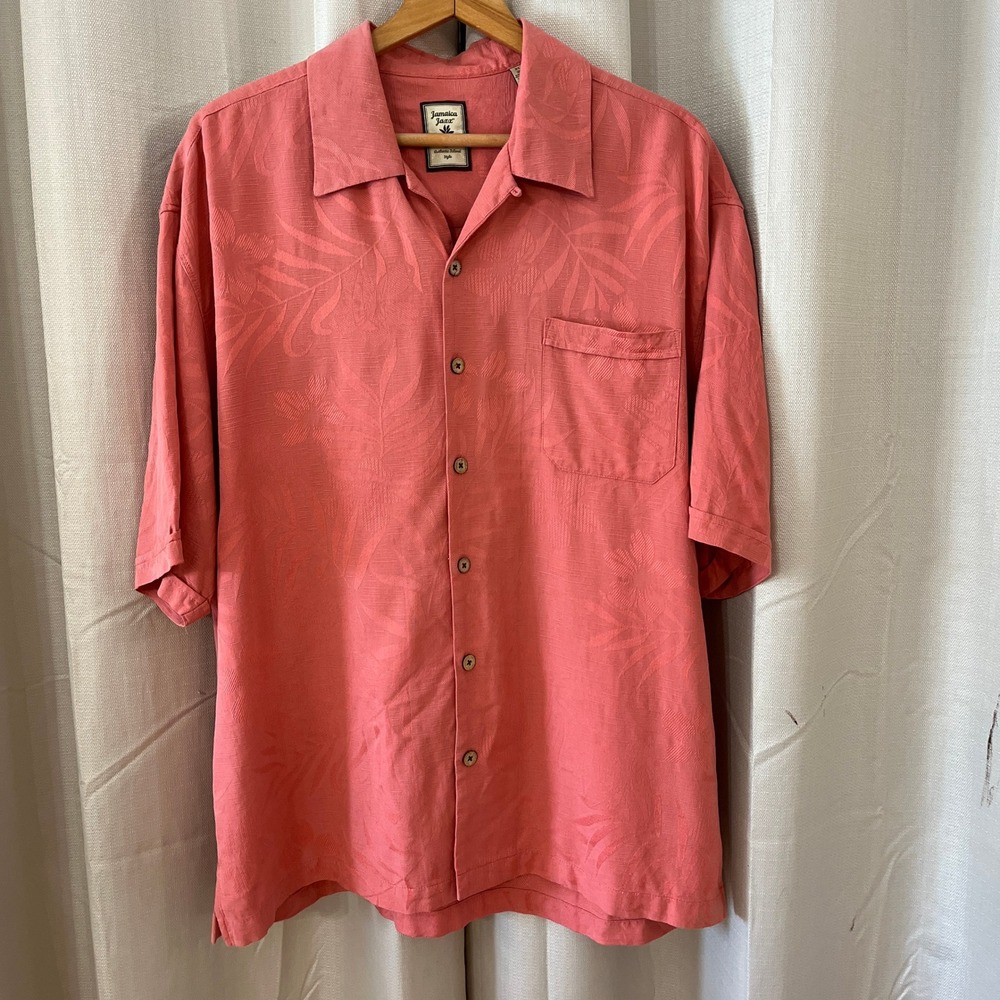 Jamaica Jaxx Shirt Silk Mens‎ XL Coral Red Hawaiian Beach Jacquard Bamboo Island